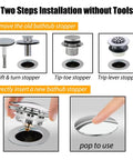 Upgraded Bathtub Drain Stopper With Hair Catcher Pop Up Tub Strainer Cover Quick Swap Install image showing installation steps.
