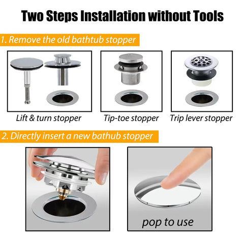 Upgraded Bathtub Drain Stopper With Hair Catcher Pop Up Tub Strainer Cover Quick Swap Install image showing installation steps.