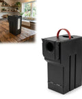 Reusable Self Empty Dust Bin For Roborock Qrevo Curv S5X Robot Vacuum on wooden table, durable black waste container with red handle.