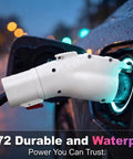 NACS to J1772 EV Charging Adapter 60 Amp 240 Volt Level 2 Converter for Tesla snugly plugged into electric vehicle charging port.