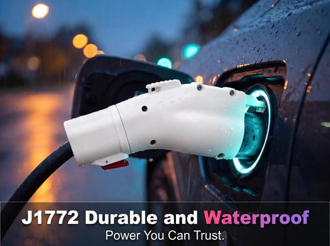 NACS to J1772 EV Charging Adapter 60 Amp 240 Volt Level 2 Converter for Tesla snugly plugged into electric vehicle charging port.