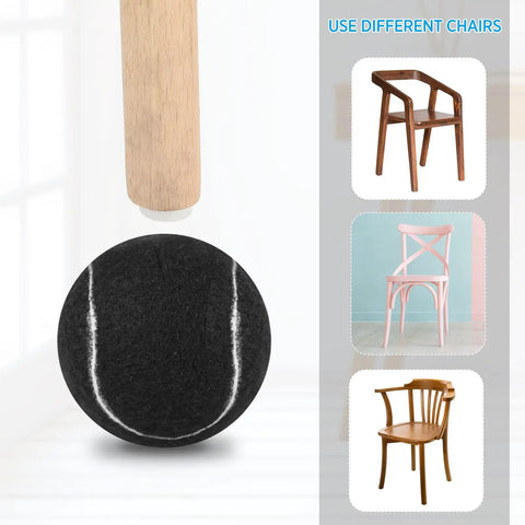 Rock Solid Precut Tennis Ball Grips 60 Piece Set For Walker Rollator And Chair with black foam glide on various chair legs.