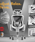 Ergonomic Mesh Office Chair With 3D Lumbar Support And 3D Armrests V Shaped Back shown with adjustable features and white mesh