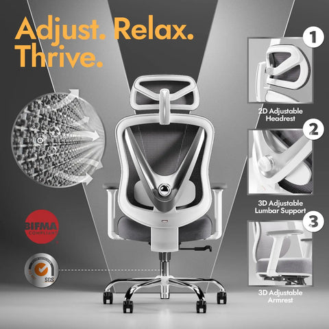 Ergonomic Mesh Office Chair With 3D Lumbar Support And 3D Armrests V Shaped Back shown with adjustable features and white mesh