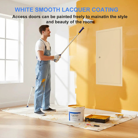 Man painting wall near a white Slick Lockable Access Door With Paintable Finish And Concealed Hinges For Drywall Or Ceiling Panels No Sweat Install For Utility Pipes Or Electrical Boxes Heavy Duty Build That Slips Right Into Any Renovation Job Smoothly.