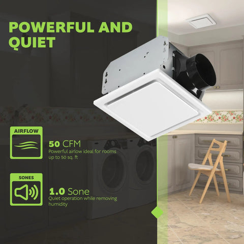 Ultra Quiet Ceiling Bathroom Exhaust Fan 50 CFM White Mount shown in a small kitchen area with installation details highlighted.