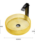 Bathroom Vessel Sink Vanity Glass Vessel Bowl Sink Cylindrical Countertop Sink Bowl Above Counter Sink Art Basin With Faucet And Pop Up Drain,Black, yellow glass bowl with black faucet, 400MM diameter.
