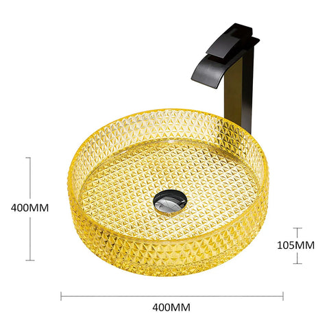 Bathroom Vessel Sink Vanity Glass Vessel Bowl Sink Cylindrical Countertop Sink Bowl Above Counter Sink Art Basin With Faucet And Pop Up Drain,Black, yellow glass bowl with black faucet, 400MM diameter.