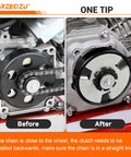 "Before and after installation of Beefed Up Mini Bike Chain Tensioner Bracket With 8mm Chain Roller For Predator 212 Engine"
