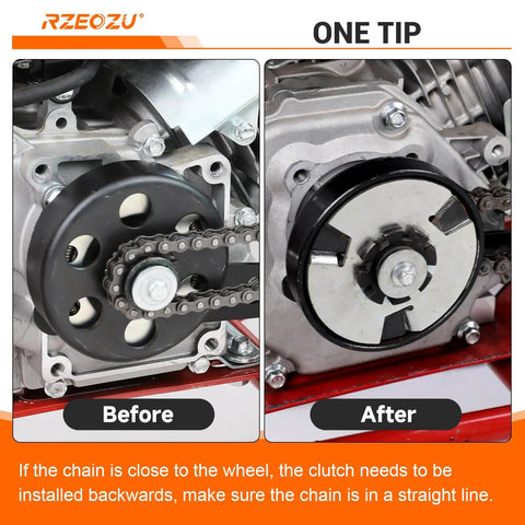 "Before and after installation of Beefed Up Mini Bike Chain Tensioner Bracket With 8mm Chain Roller For Predator 212 Engine"