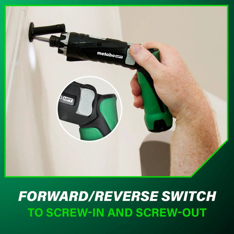 Cordless Screwdriver Kit 3.6V With Dual Position Handle in use, demonstrating forward/reverse switch on wall project