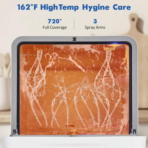Interior view of No Sweat Countertop Portable Dishwasher showing 162°F HighTemp Hygiene Care, three spray arms, and water coverage.