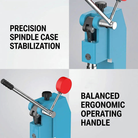 Heavy Duty Workhorse Manual Arbor Press Featuring Rock Solid Lever Design And Red Counterweight Balance Block for ergonomic handle and spindle stabilization.