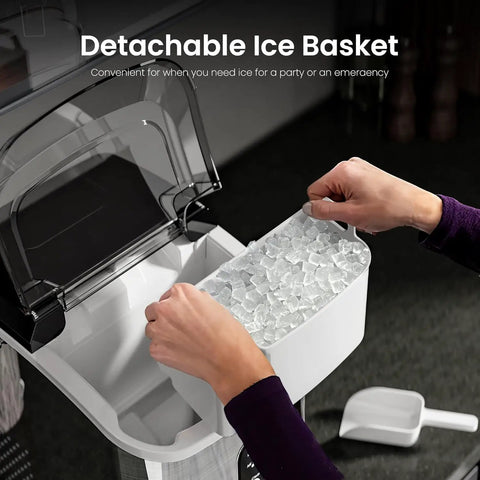 Hands using Chewable Nugget Ice Maker Countertop 35 Lbs Per Day Portable Sonic Ice Machine with detachable ice basket.