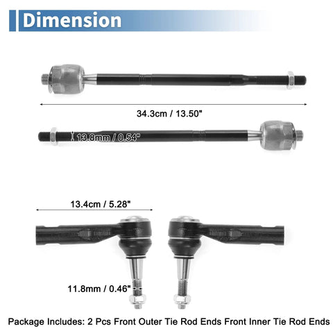 Six-Piece Front Inner Outer Tie Rod Ends Kit With Boots For Chevy Equinox And GMC Terrain 2010-2017 2.4L Left And Right Inner Outer Ends Replacement EV800648 ES800640, measured dimensions