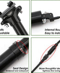 Internal Routing Dropper Post With Lever And Cable Kit For MTB And Ebike, 30.9mm Or 31.6mm Diameter, shown with adjustable bolts and seal design