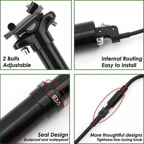 Internal Routing Dropper Post With Lever And Cable Kit For MTB And Ebike, 30.9mm Or 31.6mm Diameter, shown with adjustable bolts and seal design