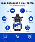 12V RV Water Pressure Booster Pump Self Priming 50 PSI 4 GPM On Demand Pump with high pressure 45 PSI and 4.0 GPM flow rate