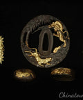 Premium Brass Gold And Silver Plated Katana Fittings Set With Tsuba Guard Menuki Fuchi Kashira Displayed on Black Background