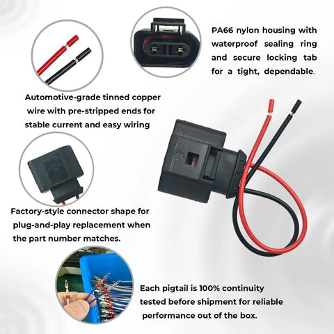 Beefed Up Premium Coolant Level Sensor Connector Pigtail For VW And Audi Vehicles Fits Jetta Golf GTI Passat Tiguan Beetle EOS Atlas Arteon Taos Touareg CC Rabbit A3 A4 A5 A6 A7 A8 Q5 S4 S5 S6 TT Replacement 1K0973202A, 2-pin pigtail with 16 cm red and black wires