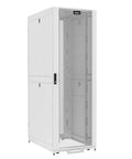 Rock Solid 52U Server Rack Cabinet Pre Assembled Network Setup with bright white enclosure and perforated doors for ventilation.