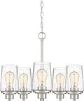 Modern 5-Light Chandelier Pendant Ceiling Light With Brushed Nickel Finish And Seeded Glass Shades, adjustable height