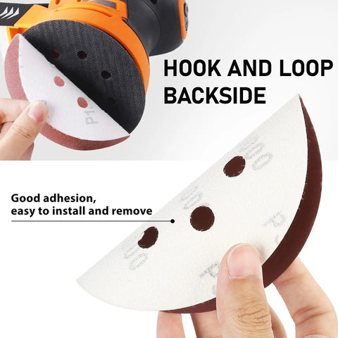 Close-up of 130 Piece Pro Grade 6 Inch Sanding Discs Set With 6 Hole Pattern Grit Range 40 To 2000 showing hook and loop backing.