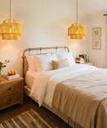 Hand Woven Rattan Plug In Hanging Light For Living Room Bedroom Kitchen Ceiling Pendant Fixture Featuring Cool Boho Glam in a cozy bedroom.
