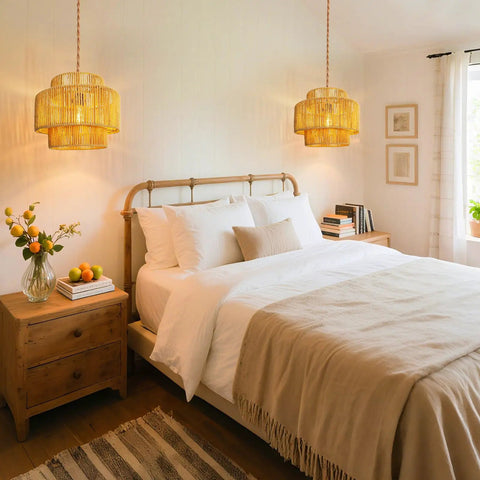 Hand Woven Rattan Plug In Hanging Light For Living Room Bedroom Kitchen Ceiling Pendant Fixture Featuring Cool Boho Glam in a cozy bedroom.