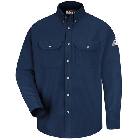 Men's CAT2 Flame Resistant Cool Touch Dress Shirt Navy X Large With NFPA Compliant Arc Rating Gusseted Side Seams Dual Chest Pockets And Adjustable Snaps Built Tough For Day Shift Crews Wanting Serious Job Site Heat Protection, front view.