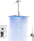 12 Inch LED Rain Shower Head System With Handheld Spray High Pressure Chrome Ceiling Mount Shower Fixture Complete Rough In Valve And Trim Included Boss Level Rainfall Vibe For Modern Bathrooms showing LED lights and water flow