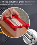 Top Tier Stainless Steel Center Gauge For Woodworking With Hella Sturdy Interchangeable Inch And Metric Marking Rods For Dead Accurate Hole Punch Locator Layout, with red aluminum body marking a wooden piece.