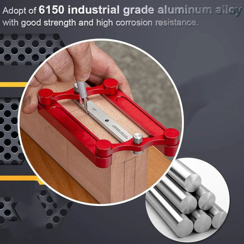 Top Tier Stainless Steel Center Gauge For Woodworking With Hella Sturdy Interchangeable Inch And Metric Marking Rods For Dead Accurate Hole Punch Locator Layout, with red aluminum body marking a wooden piece.