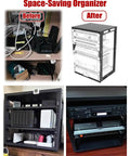 Before and after images showing the Heavy Duty Open Frame Server Rack With Smooth Rollin Wheels And No Sweat Cooling Shelves For 20U IT AV Gear storage.
