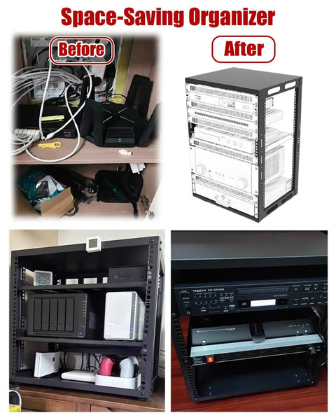 Before and after images showing the Heavy Duty Open Frame Server Rack With Smooth Rollin Wheels And No Sweat Cooling Shelves For 20U IT AV Gear storage.