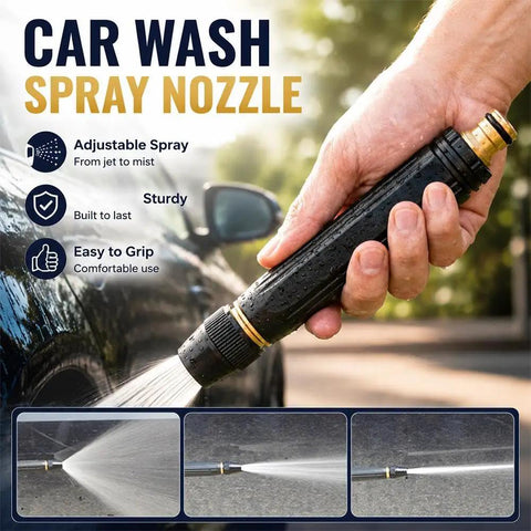 Hand holding upgraded beefed up high pressure water gun with booster nozzle for home cleaning and car wash, adjustable spray patterns