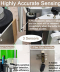 Close-up of Heavy Duty Desktop Automatic Round Bottle Labeling Machine With Chain Plate Conveyor And Digital Coding, highlighting sensors.