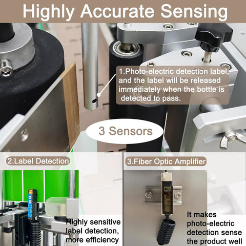 Close-up of Heavy Duty Desktop Automatic Round Bottle Labeling Machine With Chain Plate Conveyor And Digital Coding, highlighting sensors.