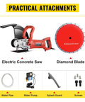 1800 Watt Electric Concrete Saw With 14 Inch Diamond Blade Wet Or Dry Circular Saw with practical attachments displayed.