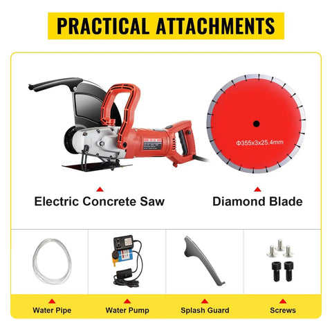 1800 Watt Electric Concrete Saw With 14 Inch Diamond Blade Wet Or Dry Circular Saw with practical attachments displayed.