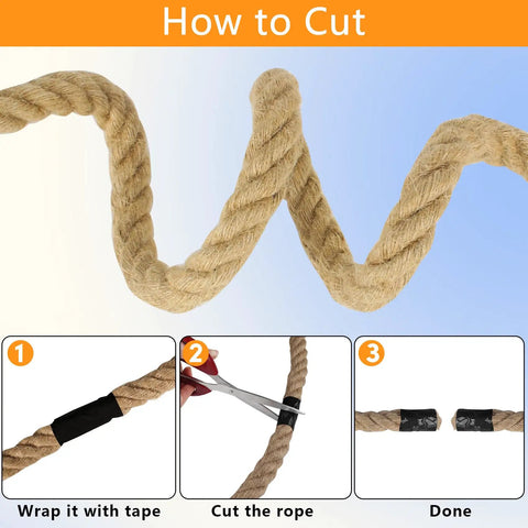 Steps showing how to cut Heavy Duty 1.5 Inch Manila Rope 50 Ft Treated Hemp Mooring Line For Boats Docks Decks And Outdoor Use