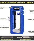 Blue Door Hinge Jig And Router Template For 3 To 5 Inch Hinges showing detailed features like clamp screw and bit storage.