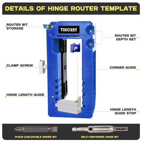 Image of a Blue Door Hinge Jig Router Template for Quick DIY Installations Fits 3 To 5 Inch Hinges with labeled parts and features
