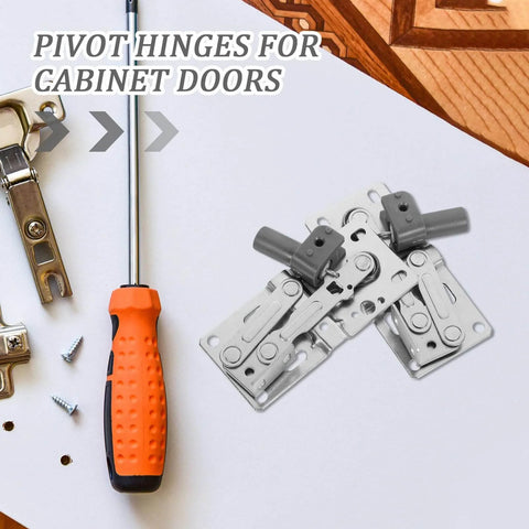 Forty Five Degree Downward Soft Close Cabinet Door Hinges For Downward Opening Doors Perfect For Shoes Cabinets And Furniture Concealed Corner Cabinet Hardware Pair With Tip Out Tray Function next to screwdriver and screws.