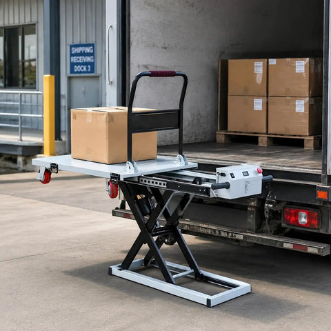 Heavy Duty Electric Scissor Lift Table Cart With 660 Pound Capacity And 52 Inch Max Height, showing a portable hydraulic flatbed handcart unloading a box.