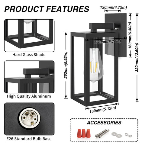 Outdoor Wall Lantern Sconce Light Waterproof Exterior With E26 Base, Anti Rust Matte Black Finish And Clear Glass Shade Porch Lamp he