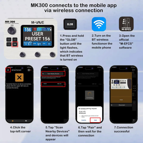 MK-300 Guitar And Bass Amp Modeler With 320 Plus Effects 160 Presets Looper Drum Machine USB And Bluetooth wireless app connection instructions
