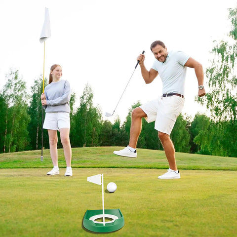 Putting Green Indoor Set Two Pack With Cups And White Flag Portable Golf Practice Kit in use on outdoor green by two players