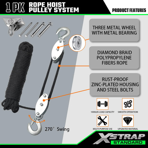 Rope Hoist Pulley System 1000 Lb Capacity 5 To 1 Block And Tackle With 50ft Beefy Pulley Stainless Steel 304 Rust Proof Swing Hanger