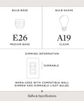 Specifications showing bulb base E26, bulb shape A19, and dimmable information for One Light Louvered Wall Sconce Light Fixture In Black Finish, Modern Design For Entryway Hallway Foyer Bedroom And Living Room, Tri Band Louvered Shade That Glows From The Top, Seven Inch Tall.